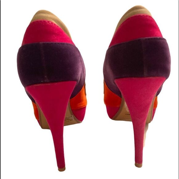 Psychedelic Stilettos Fuchsia Orange Purple Beige Pumps Velvet Heels - Picture 5 of 16
